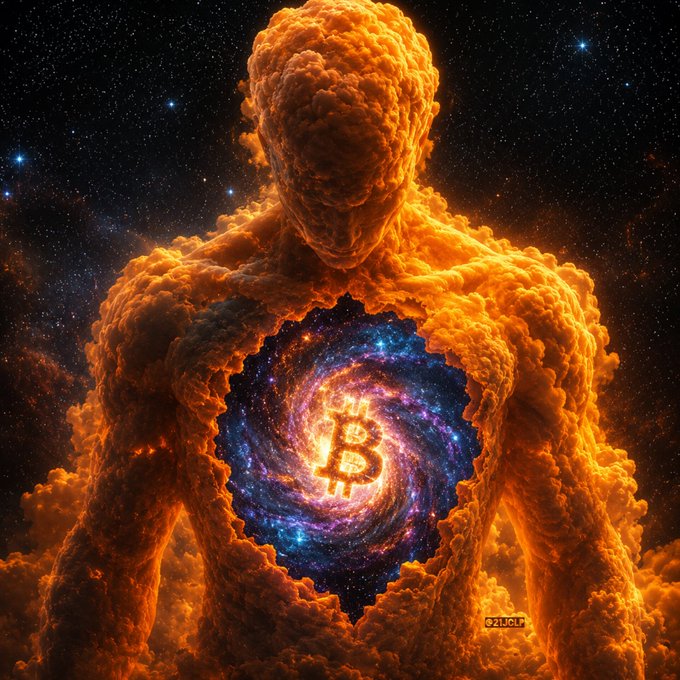 A cosmic artwork depicting a humanoid figure made of fiery orange clouds with a Bitcoin symbol glowing in the center of its chest against a starry space background, marked '©21.1012'.