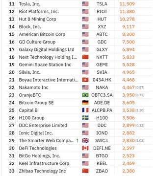 A list of publicly traded companies ranked by market cap, including Tesla (TSLA) at #11 with 11,509, Riot Platforms (RIOT), Hut 8 Mining Corp (HUT), Block Inc (XYZ), American Bitcoin Corp (ABTC), and others, displayed with US flags and various national flags.