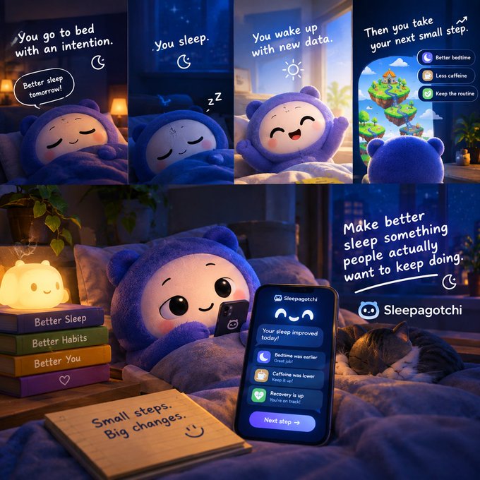 A promotional comic-style image for the 'Sleepagotchi' app featuring a cute blue bear character, showing the bedtime routine: setting intentions, sleeping, waking up with data, and making better sleep habits with the tagline 'Small steps. Big changes.'