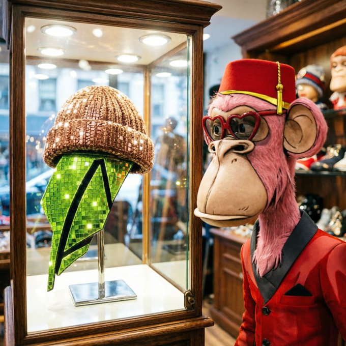 A pink monkey mascot in a red bellhop uniform and hat peers curiously at a sparkly green mirror-ball helmet and a brown knit beanie displayed in a glass case, as if playfully checking out the funky hats in a quirky shop. The image matches the post's lighthearted tone, showing the monkey seeming to admire or react amusingly to the unique headwear on display.
