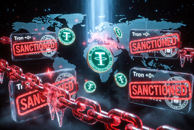 A digital illustration showing U.S. Treasury 'SANCTIONED' stamps, chains, and Tether (USDT) logos overlaid on a world map, with 'Tron' text visible.