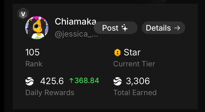 ids/Chiamaka's profile picture is displayed on a social media app, accompanied by a list of her achievements and a star rating.