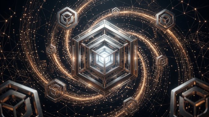 Abstract digital artwork featuring a glowing metallic hexagonal cube at the center of a swirling spiral of golden lights and network connections on a dark background.