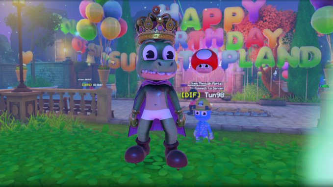 A screenshot from a video game showing a hippo character wearing a crown, with a 'HAPPY BIRTHDAY SUMMERPLAYLAND' message in the background and a username '[DIF] TUN98'.
