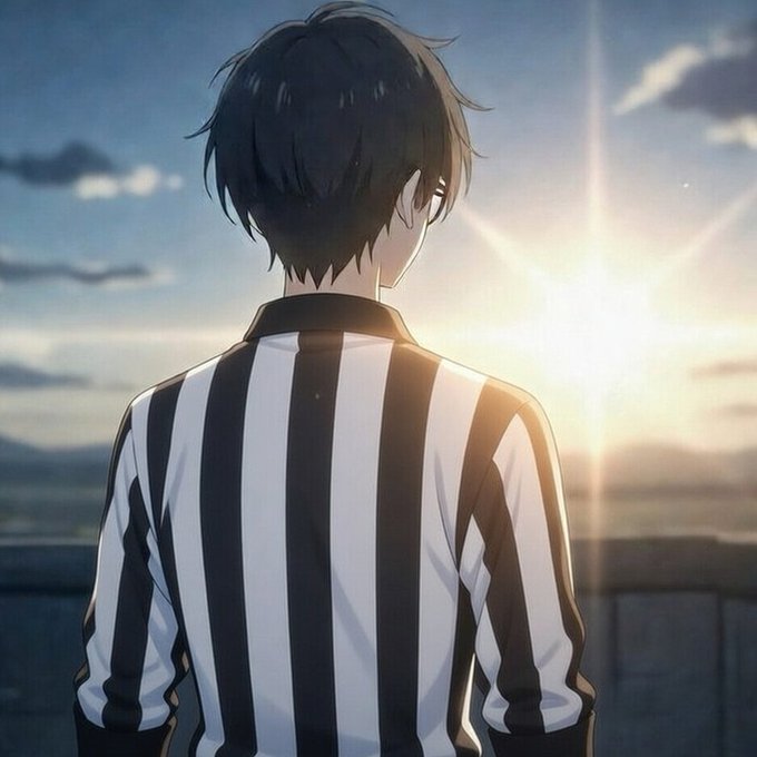 An anime-style illustration showing the back view of a dark-haired character wearing a black and white striped shirt, looking toward a bright sunset over a landscape.