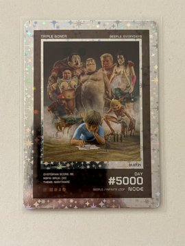 The image features a jigsaw puzzle box that has been ripped open, revealing a picture of a boy sitting at a desk with a pencil and paper. The box also contains a postcard with a message about raffles for @nodefnd.