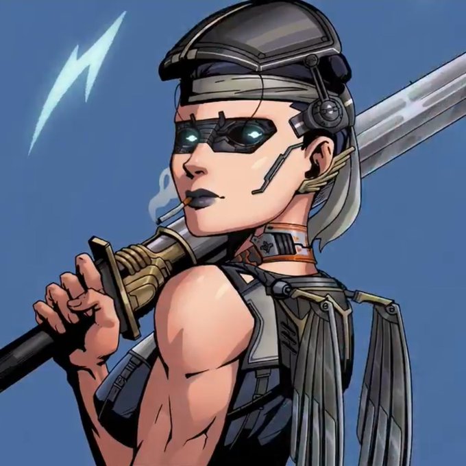 A stylized digital illustration of a cyborg or futuristic female warrior wearing a visor and headset, holding a large sword over her shoulder against a blue sky.