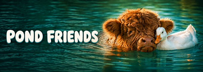 A close-up photograph of a brown cow's head submerged in green water, resting cheek-to-cheek with a white duck, accompanied by the overlaid text 'POND FRIENDS'.