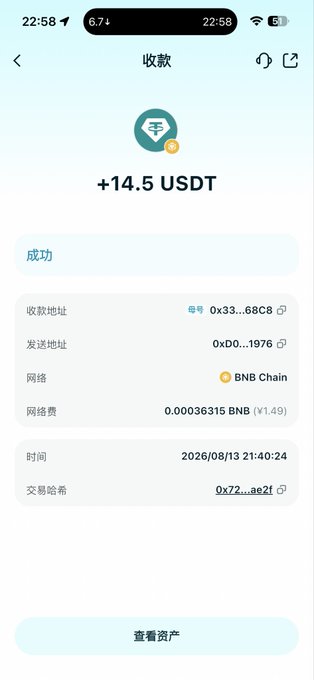 A smartphone screenshot of a crypto wallet app showing a successful receipt of +14.5 USDT on the BNB Chain network, with transaction details including addresses, network fee (0.00036315 BNB), and timestamp (2026/08/13 21:40:24).