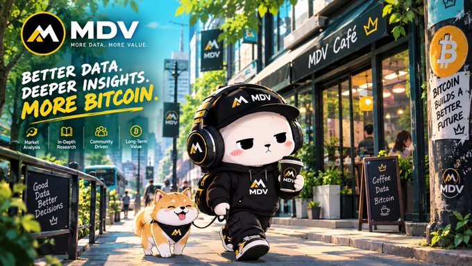 An MDV promotional graphic with the slogan 'Better Data. Deeper Insights. More Bitcoin.' featuring a cute mascot in a tracksuit walking a Shiba Inu dog past an MDV Café.