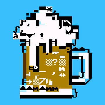 Pixel art of a frothy mug of beer on a blue background with an 'X' steam effect rising from the foam.