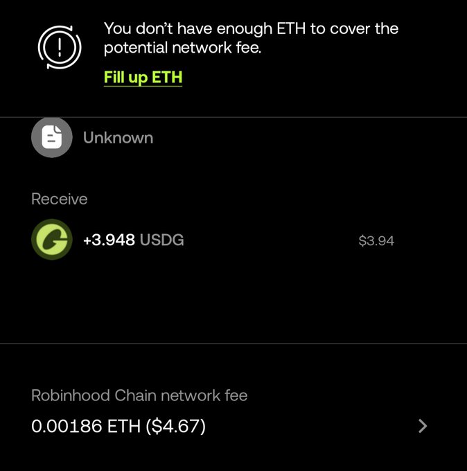 Robinhood crypto app screen showing an error message "You don't have enough ETH to cover the potential network fee" with a "Fill up ETH" link, a pending receive of +3.948 USDG, and a Robinhood Chain network fee of 0.00186 ETH ($4.67).