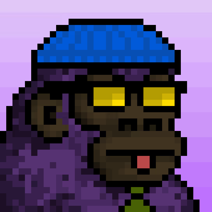 A pixel art character with dark skin, yellow rectangular sunglasses, a blue helmet, and a purple cloak is shown against a light purple background. The image appears to represent a "Genny" from the CyberKongz ecosystem, which the post mentions as the final asset the user acquired to complete their collection.
