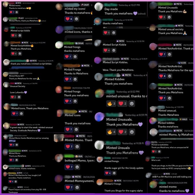 A grid of Metafrens community chat screenshots celebrating August NFT mint successes across collections like Chain Mancers (up to 1.49 ETH), Momoyumemi (0.0075–0.099 ETH, 13x), NotAnArtist (0.0069–0.0635 ETH, 9x), and HoodRat (free to 0.0294 ETH), with users like "META," "DRAAK," "VLRX," "HALO," and "JAVA" repeatedly thanking "metafrens" and "Metafrens."