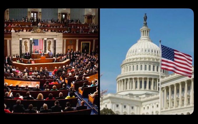 The image is a split view showing the U.S. House of Representatives chamber during a joint session (left) and the U.S. Capitol building with an American flag (right), symbolizing the legislative process. It relates to the post about the White House reviewing the bipartisan Clarity Act deal, visually representing Congress where such legislation would be debated and finalized.