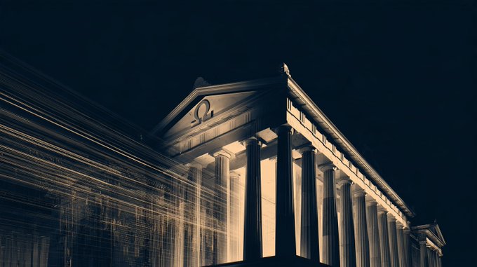 A dark, atmospheric image of a neoclassical building with tall columns and a pediment featuring a circular emblem, shown at night with light streaming across its facade.
