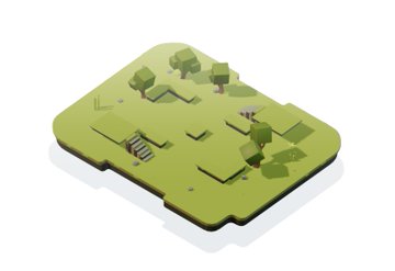 An isometric low-poly illustration depicts a floating tile representing a generic biome-grassland arena featuring a central pit, scattered trees, and terrain variations. The image visually aligns with the post about an automated generator that produces diverse arena layouts, from forests to deserts and snow, showcasing the varied environments the tool can create.