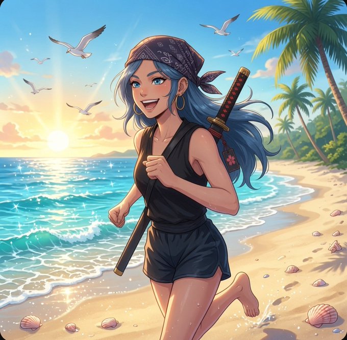 The image features a woman running along a beach with her sword in hand. The background of the image shows a beautiful sunset over the ocean, creating a serene atmosphere. There are several birds flying around the scene, adding to the overall sense of tranquility. The image does not directly relate to the post about quipnetwork or distributed computing infrastructure; however, it could be interpreted as a representation of the woman's journey towards her destination, which might symbolize the pursuit of knowledge and learning in the context of the post.