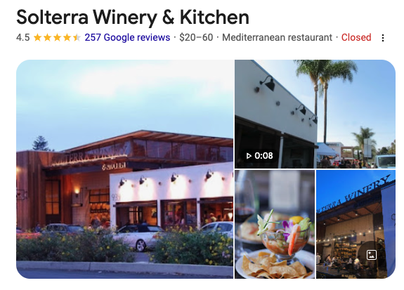A Google search result for Solterra Winery & Kitchen, a Mediterranean restaurant with 4.5 stars and 257 Google reviews, currently showing as Closed, with a price range of $20-60.