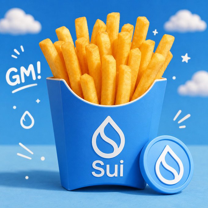 A 3D-rendered blue container of french fries branded with the 'Sui' logo and water drop symbol, accompanied by 'GM!' text against a blue sky background.