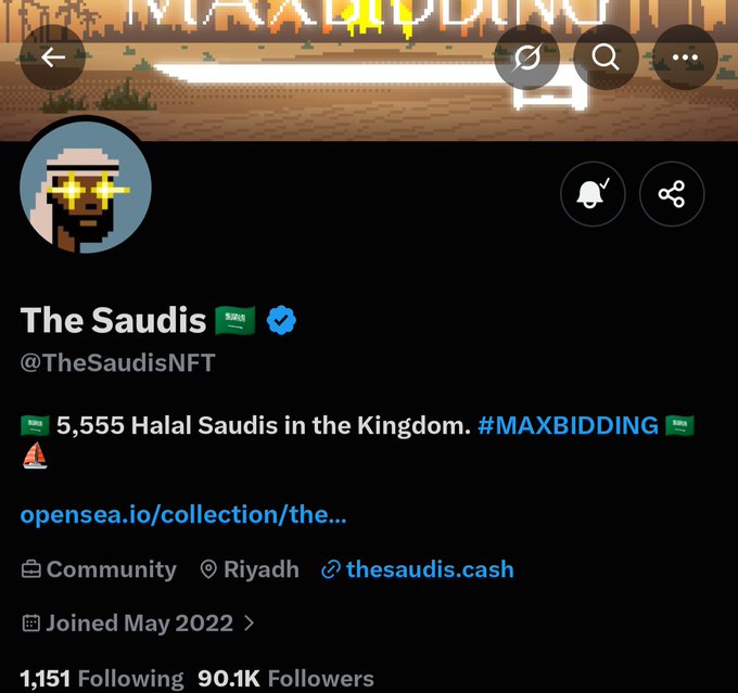 The image shows the Twitter profile of "@TheSaudisNFT" titled "The Saudis," featuring a pixel-art avatar of a figure in traditional Saudi attire, with 90.1K followers and a bio mentioning "5,555 Halal Saudis in the Kingdom. #MAXBIDDING" alongside their OpenSea collection link. The profile aligns with the post's announcement of a 5,555 supply NFT collection potentially launching on Robinhood, following their previous collection's 0.2 ETH mint price.