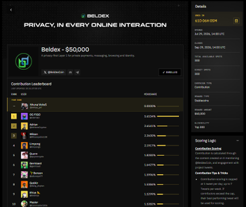 A screenshot of the Beldex website showing a 'PRIVACY, IN EVERY ONLINE INTERACTION' header and a cryptocurrency contribution leaderboard ranking Beldex ($500000) at the top.