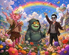 Three animated characters—a pink deer-like figure, a green goblin wearing headphones, and a man in a vest—stand in a vibrant field of flowers beneath a rainbow and floating cubes, fitting the whimsical fantasy theme of the cryptocurrency giveaway contest with 24 hours left to enter.