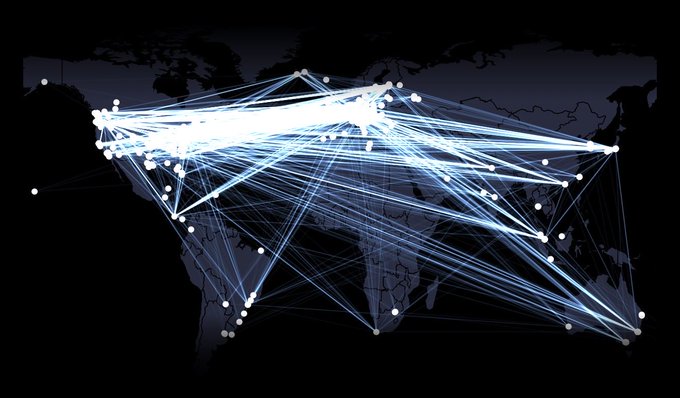 A glowing world map overlaid with a network of interconnected white lines and nodes representing global connections.