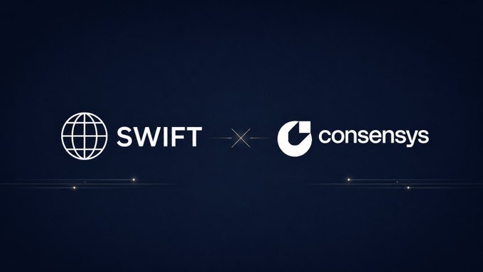 A dark blue graphic displaying a partnership or collaboration between 'SWIFT' (with its globe logo) and 'consensys' (with its 'C' logo), separated by a subtle 'X' symbol.