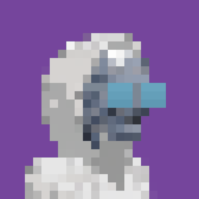 A low-resolution pixel art portrait depicts a figure wearing blue VR-style goggles against a purple background.