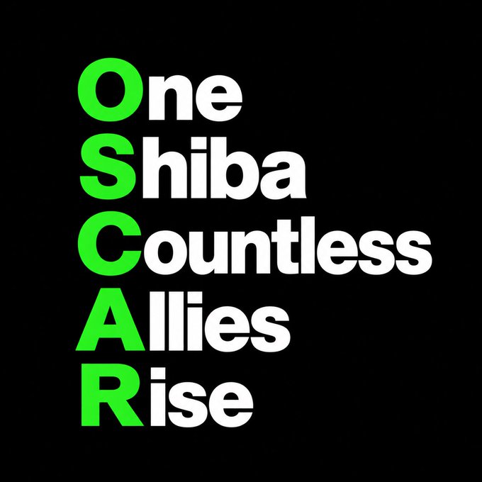 A black graphic displays the acronym "OSCAR" in large green letters on the left, each letter paired with a word in white to spell out "One Shiba Countless Allies Rise".