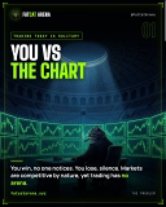 A promotional poster for FatCat Arena's "You vs The Chart: Trading Study is Isolation?" features a silhouetted figure surrounded by glowing green trading monitors, emphasizing the loneliness of solo trading. The tagline "You win, no one notices. You lose, silence. Markets are corrupted live by nature, yet trading has no arena" reinforces the post's message about the platform replacing isolated chart-watching with community-driven competition through Duels, Guild Wars, Raids, and Predictions.