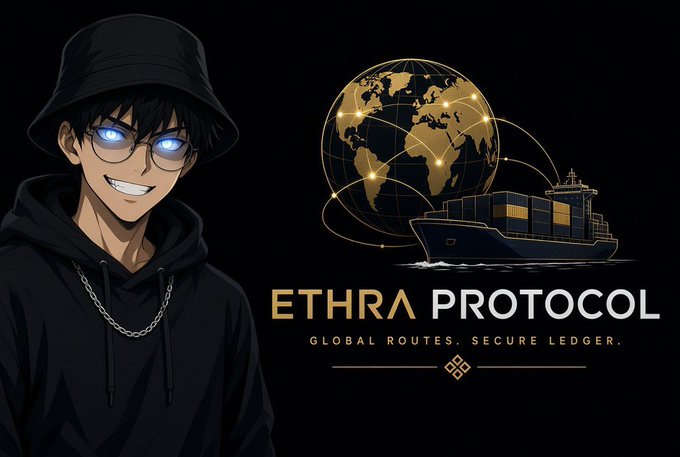A promotional image for 'ETHRA PROTOCOL' with the tagline 'GLOBAL ROUTES. SECURE LEDGER.' featuring an anime-style character, a golden globe with network connections, and a cargo ship.