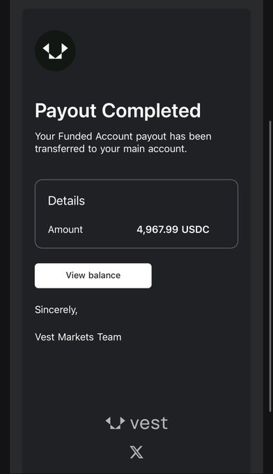 A payout confirmation email from Vest Markets showing that a funded account payout of 4,967.99 USDC has been transferred to the main account.