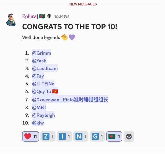 A Discord message from user Rollins congratulates 'THE TOP 10!' and lists the winners: @Grimm, @Yash, @LastExam, @Fay, @Li TEiNo, @Quý Từ, @0xwenwen, @MBT, @Rayleigh, and @kiw.