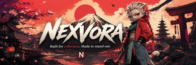 A promotional banner for 'NEXVORA' featuring a stylized anime character, Mount Fuji, and Japanese architecture with the tagline 'Built for collectors. Made to stand out.'
