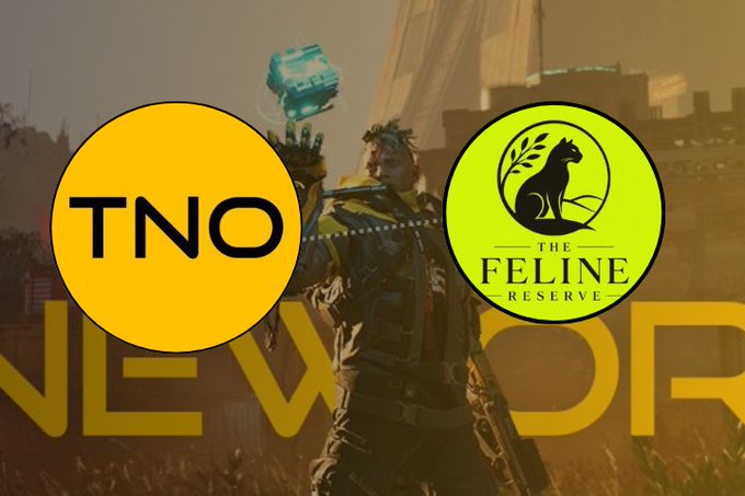 A warrior in futuristic armor is flanked by two circular logos: an orange "TNO" emblem on the left and a yellow "THE FELINE RESERVE" logo featuring a black cat silhouette on the right, visually representing the alliance between the two entities mentioned in the post.