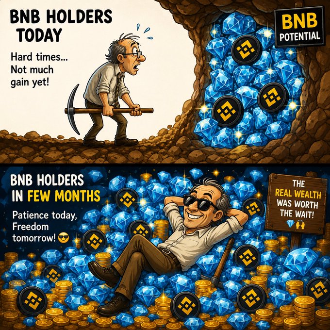 A two-panel cartoon contrasts a frustrated miner ("BNB HOLDERS TODAY — Hard times... Not much gain yet!") digging for a few BNB coins with a relaxed, sunglasses-wearing miner ("BNB HOLDERS IN FEW MONTHS — Patience today, Freedom tomorrow 😎") lounging in a vast treasure of BNB gems and gold, captioned "THE REAL WEALTH WAS WORTH THE WAIT" — illustrating the post's message that $BNB's real-world utility and deflationary supply make it a long-term hold worth the current patience.