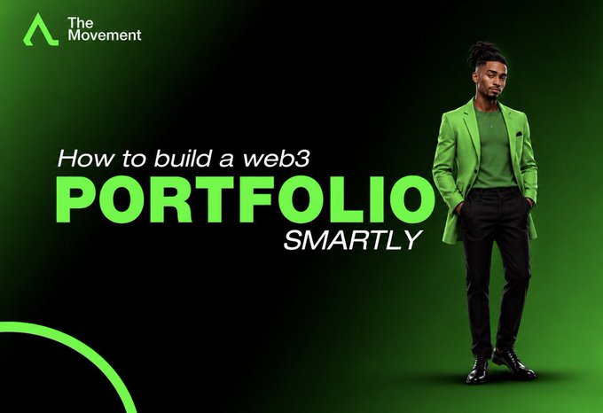 A promotional graphic from 'The Movement' featuring a man in a green blazer with the text 'How to build a web3 PORTFOLIO SMARTLY' in white and green lettering on a dark background.