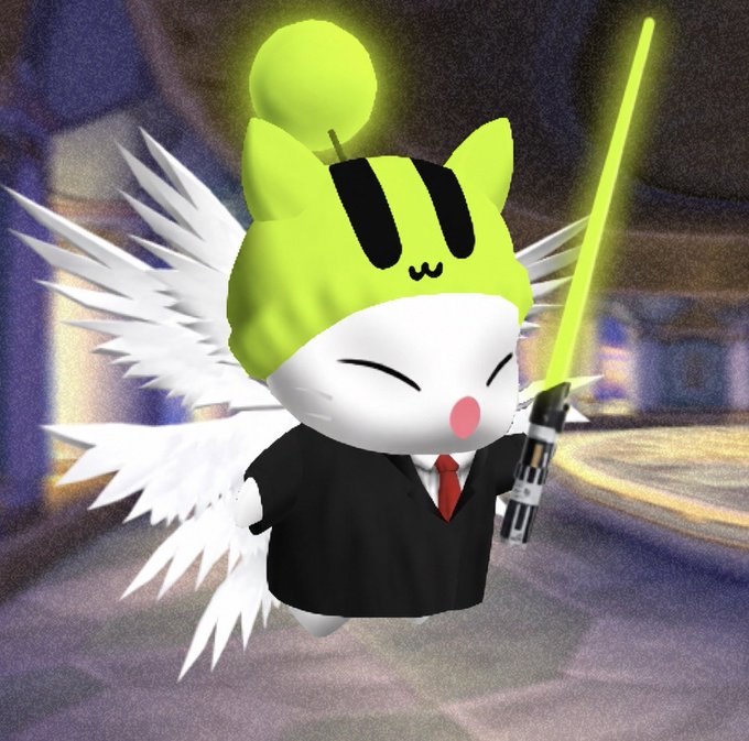 A 3D-rendered Moogle character from Final Fantasy—wearing a business suit with a red tie, angel wings, and wielding a glowing green lightsaber—strikes a determined pose, playfully blending corporate professionalism with fantasy and sci-fi flair to hype an upcoming "1M" milestone.