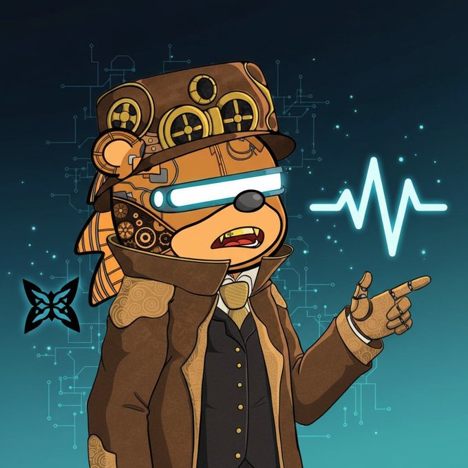 A cartoon steampunk bear character with goggles and a top hat points toward a heartbeat/pulse line graphic on a dark blue background.