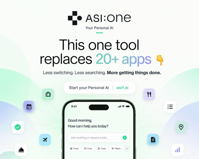 An advertisement for 'ASI:one Your Personal AI' claiming 'This one tool replaces 20+ apps' with a phone mockup showing a chat interface and the URL asi1.ai.
