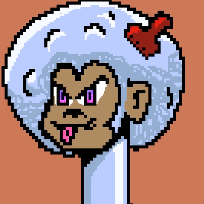 A pixel art portrait of a stylized character with fluffy white hair, pink eyes, a heart-shaped hair accessory, and a tongue sticking out, conveying a playful, expressive vibe that matches the "wild" and rebellious energy of the NFT collection announcement.