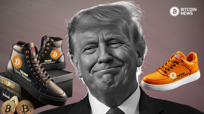 The image with former President Donald Trump presents a stark visual narrative on the dichotomy of wealth. Trump's image is central, depicted in a monochrome palette, flanked by sneakers that carry a symbol widely recognized in financial news. There is a man who looks like Donald Trump, dressed up with looking satisfied. He is wearing a black suit and neck strap as well as white collar. His mouth is closed and he has a slight smile. He has a shadow of a mustache. There are two versions of his black sneakers. One is the high top sneakers, and one is a low top sneaker. One sneaker is in color and looks like suede with a swoosh at the bottom that says "Trump": a "B" surrounded by four stripes. The man stands in front of a gray box with the same shoe and the word "Trump" featured on it. The man's photo is in black and white which makes the sneakers highlighting them and indicates