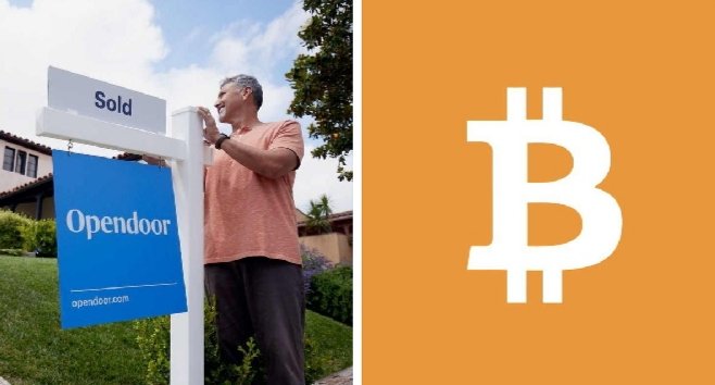 A man installs a "Sold" sign with an Opendoor sign in front of a house, next to a large Bitcoin logo, illustrating the company's announcement to accept Bitcoin for home purchases.