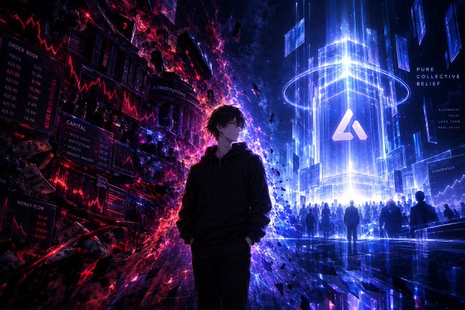 A dark, cyberpunk-style digital artwork featuring a figure in a hoodie standing between red jagged data visualizations and a glowing blue tower with the text 'PURE COLLECTIVE BELIEF' and an 'A' logo.