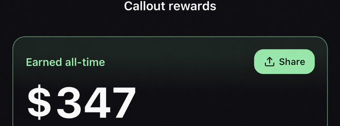 A screenshot of a "Callout rewards" dashboard showing "Earned all-time" earnings of $347, which supports the claim of making over $300+ in call outs on Pumpfun.