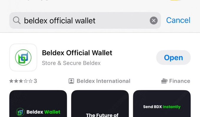 An app store search result for 'Beldex Official Wallet' with an 'Open' button and 3-star rating.