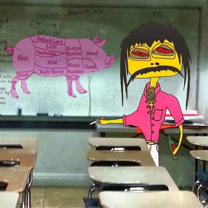 A whimsical illustration depicts a yellow, big-eyed character in a pink shirt pointing at a chalkboard displaying a pink diagram of pig with cuts of pork labeled, including 'Ham,' 'Loin,' 'Boston Shoulder,' and 'Belly Bacon.'