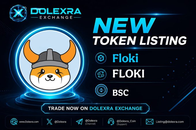 Dolexra Exchange announces a new token listing for FLOKI on the BSC network, featuring the iconic Viking-helmeted Shiba Inu mascot of the Floki token. The promotional graphic, with the caption celebrating Floki's exponential growth, invites users to trade the meme coin on their platform.